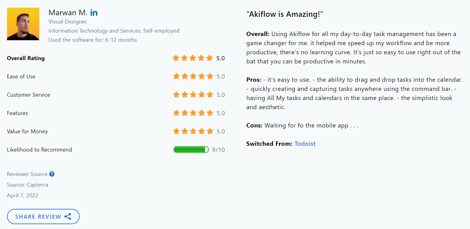 Akiflow testimonial